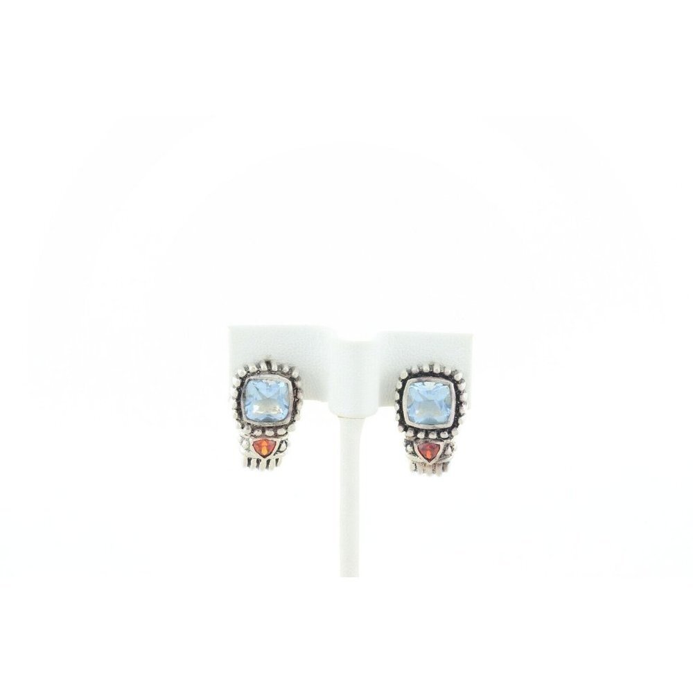 Sterling Silver Blue Glass with Red CZ J Hoop Earrings - Picture 4 of 8